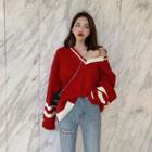 Cold-shoulder Contrast Knit Sweater Red - One Size