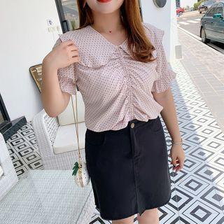 Short-sleeve Dotted Drawstring Blouse