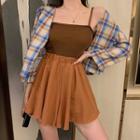 Long-sleeve Plaid Blazer / Plain Camisole / Pleated Skirt
