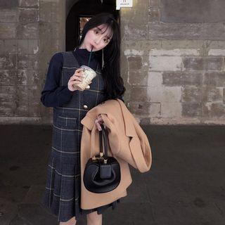 Plain Turtleneck Sweater / Plaid Midi Jumper Dress