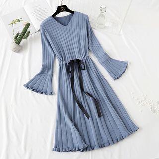 Bell-sleeve Ruffle Hem Midi Ribbed Knit Dress