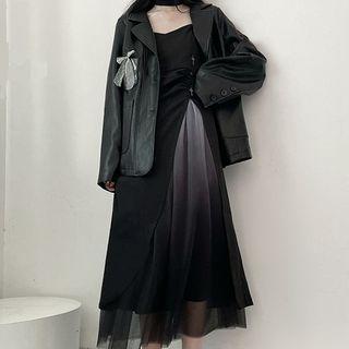 Faux Leather Blazer / Spaghetti Strap Midi A-line Mesh Dress
