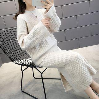 Set: Cable-knit Sweater + Midi Fitted Skirt