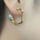 Faux Pearl Stainless Steel Open Hoop Earring 1 Pair - Gold - One Size