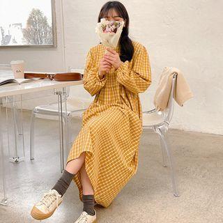 Bishop-sleeve Check Long Dress
