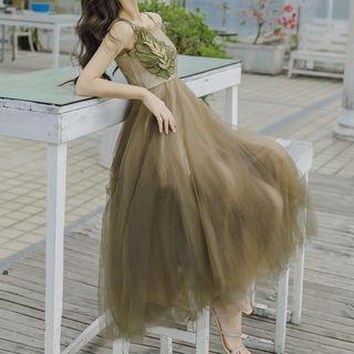 Mesh Spaghetti Strap Midi A-line Dress