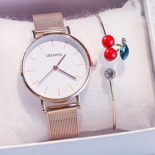 Set: Mesh Strap Watch + Rhinestone Cherry Bracelet