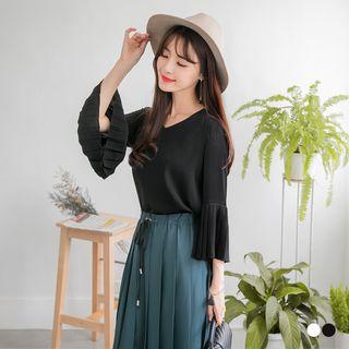 Pleated Bell Sleeve Chiffon Blouse