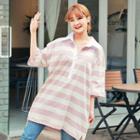 3/4-sleeve Half-placket Dip-back Striped Collared Dress
