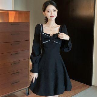 Long-sleeve Square Neck Bow Mini Dress