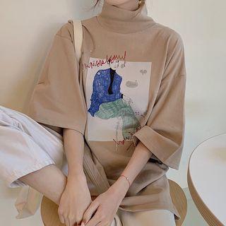 3/4-sleeve Mock Neck Printed T-shirt