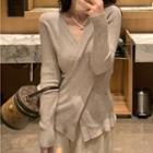 V-neck Asymmetrical Knit Top / Plain High-waist Wide-leg Pants