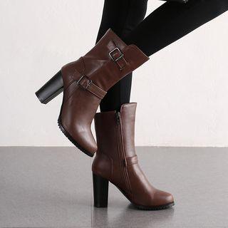 Buckled Faux Leather Block Heel Short Boots
