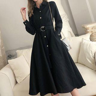 Long-sleeve Band-waist Midi A-line Shirt Dress