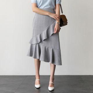 Frilled-detail Checked Midi Skirt
