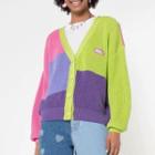 V-neck Color Block Cardigan Purple & Green & Pink - One Size