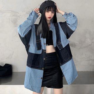 Long-sleeve Oversize Striped Panel Denim Shirt