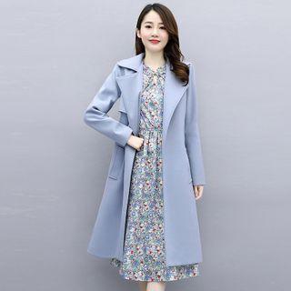 Set: Long-sleeve Floral Print Midi A-line Dress + Tie-waist Trench Coat
