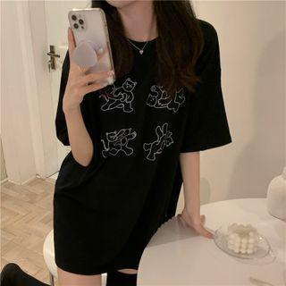 Short-sleeve Bear Print Mini T-shirt Dress