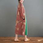 3/4-sleeve Print Mandarin-neck Midi Dress