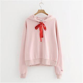 Plain Bow-accent Hooded Pullover