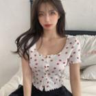 Short-sleeve Strawberry Print Button-up Top