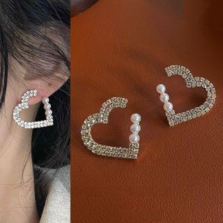 Heart Rhinestone Faux Pearl Earring 1611a - 1 Pair - White & Silver - One Size