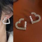 Heart Rhinestone Faux Pearl Earring 1611a - 1 Pair - White & Silver - One Size