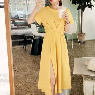 Band-waist Slit-front Dress