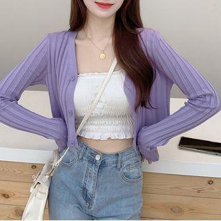 Long-sleeve V-neck Plain Ribbed Cropped Cardigan