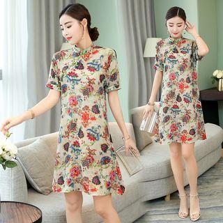 Short-sleeve Printed A-line Qipao