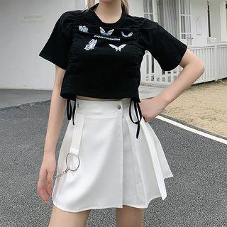 Short-sleeve Butterfly Print Drawstring Cropped T-shirt
