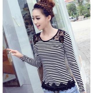 Long-sleeve Striped Lace Panel T-shirt
