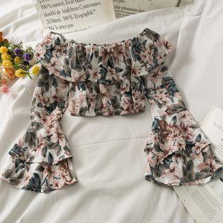 Boatneck Ruffled Printed Crop Top Pink - One Size