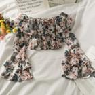 Boatneck Ruffled Printed Crop Top Pink - One Size