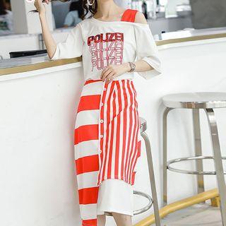 Set: Sequined Elbow-sleeve T-shirt + Striped A-line Skirt
