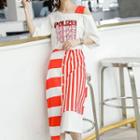Set: Sequined Elbow-sleeve T-shirt + Striped A-line Skirt