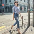Elbow-sleeve Belted V-neck Blouse