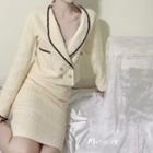 Contrast Trim Double-breasted Blazer / High-waist Straight-fit Skirt