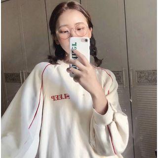 Contrast Trim Letter Embroidered Sweatshirt Almond- Fleece Lining - One Size