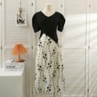 Set: Asymmetrical V-neck Crop T-shirt + Printed Midi Skirt Black + Almond - One Size