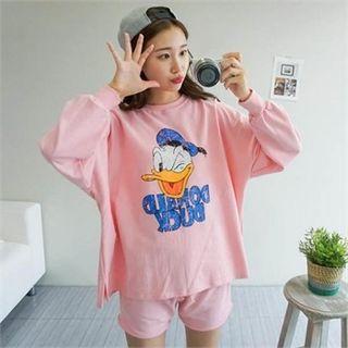 Set: Donald-duck Print T-shirt + Band-waist Shorts