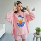 Set: Donald-duck Print T-shirt + Band-waist Shorts
