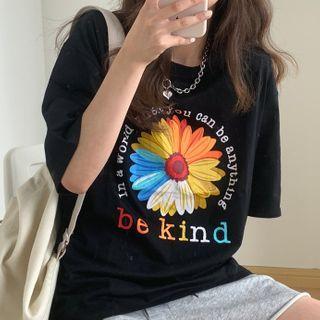 Lettering Floral Elbow-sleeve T-shirt