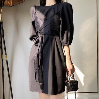 Mock Two Piece Elbow-sleeve A-line Dress Navy Blue - One Size