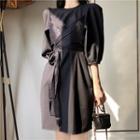 Mock Two Piece Elbow-sleeve A-line Dress Navy Blue - One Size