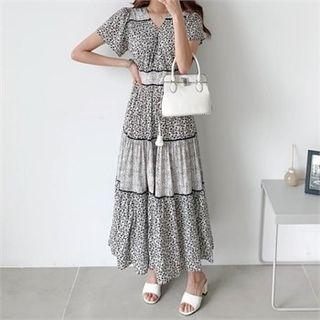 Color-block Floral Print Tiered Dress