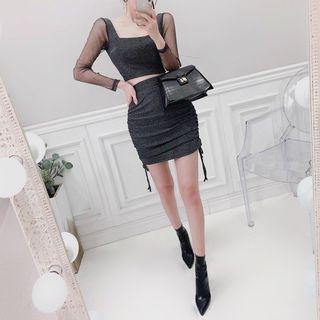 Set: Sheer-sleeve Cropped Top + Drawstring-trim Mini Skirt