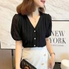 Puff-sleeve Eyelet Panel Knit Top