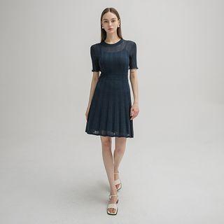 Sheer Ribbed Knit A-line Dress With Slipdress